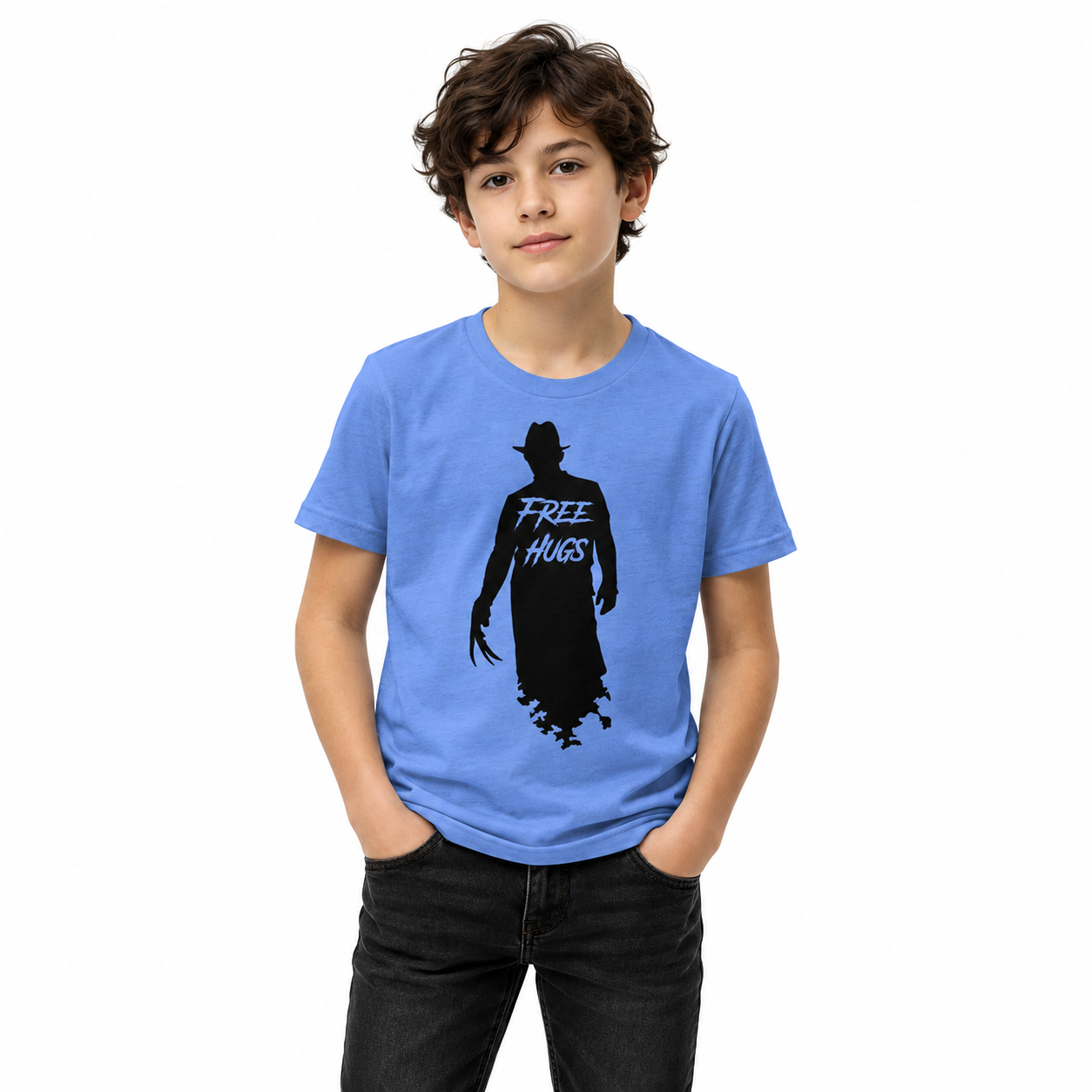Free Hugs – Youth Tee on an age-appropriate model
