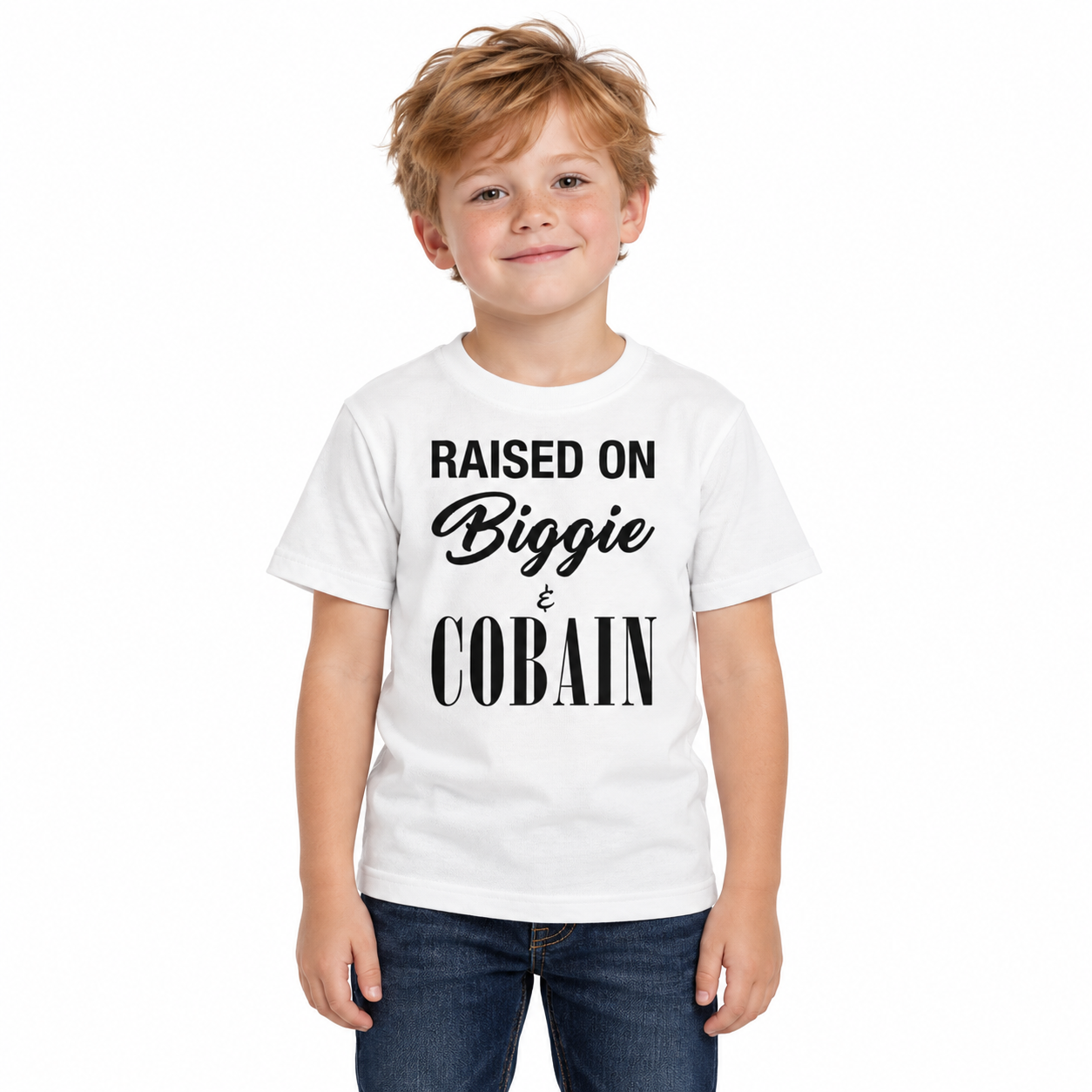 Raised on Biggie & Cobain - Kids Tee on a model