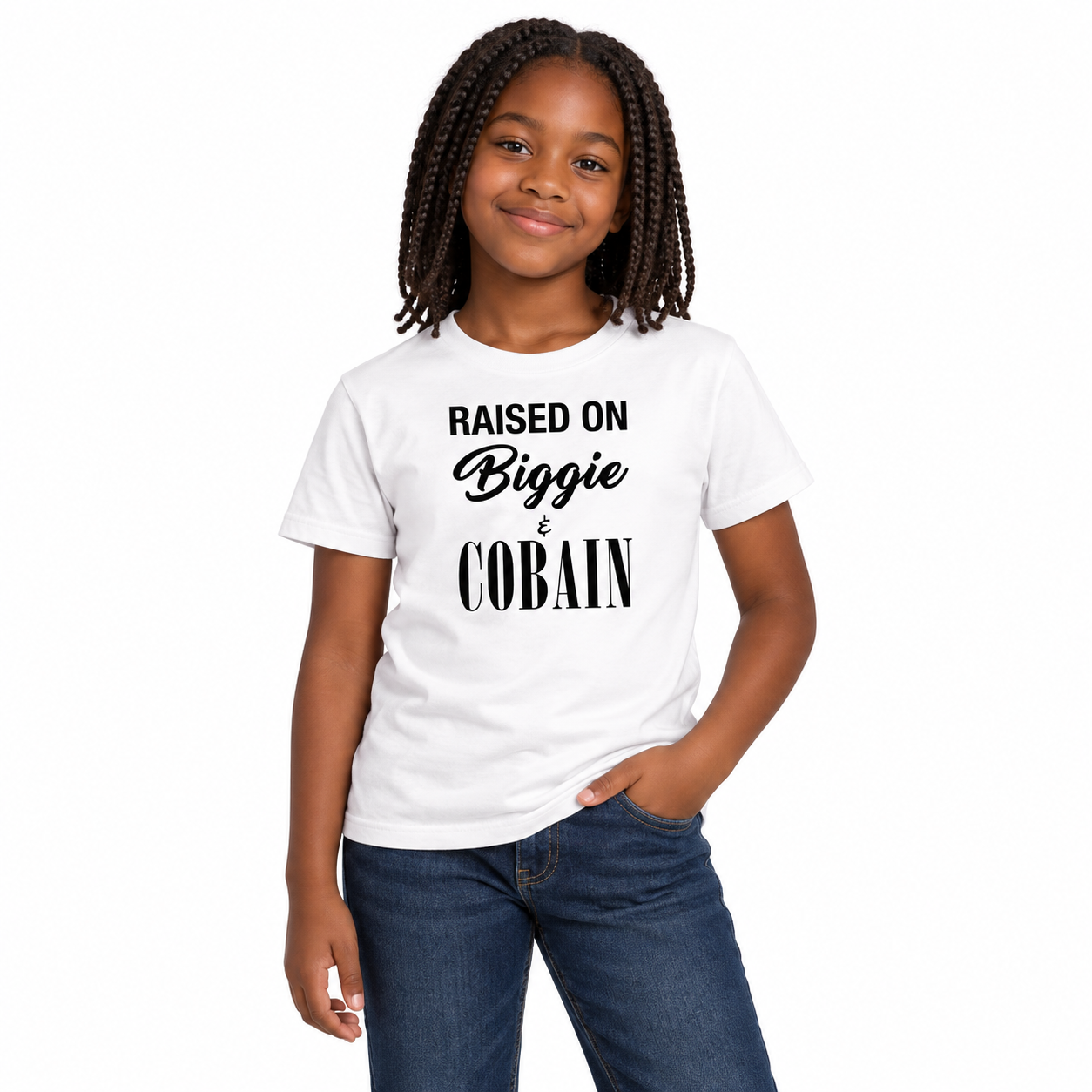 Raised on Biggie & Cobain - Youth Tee on a model